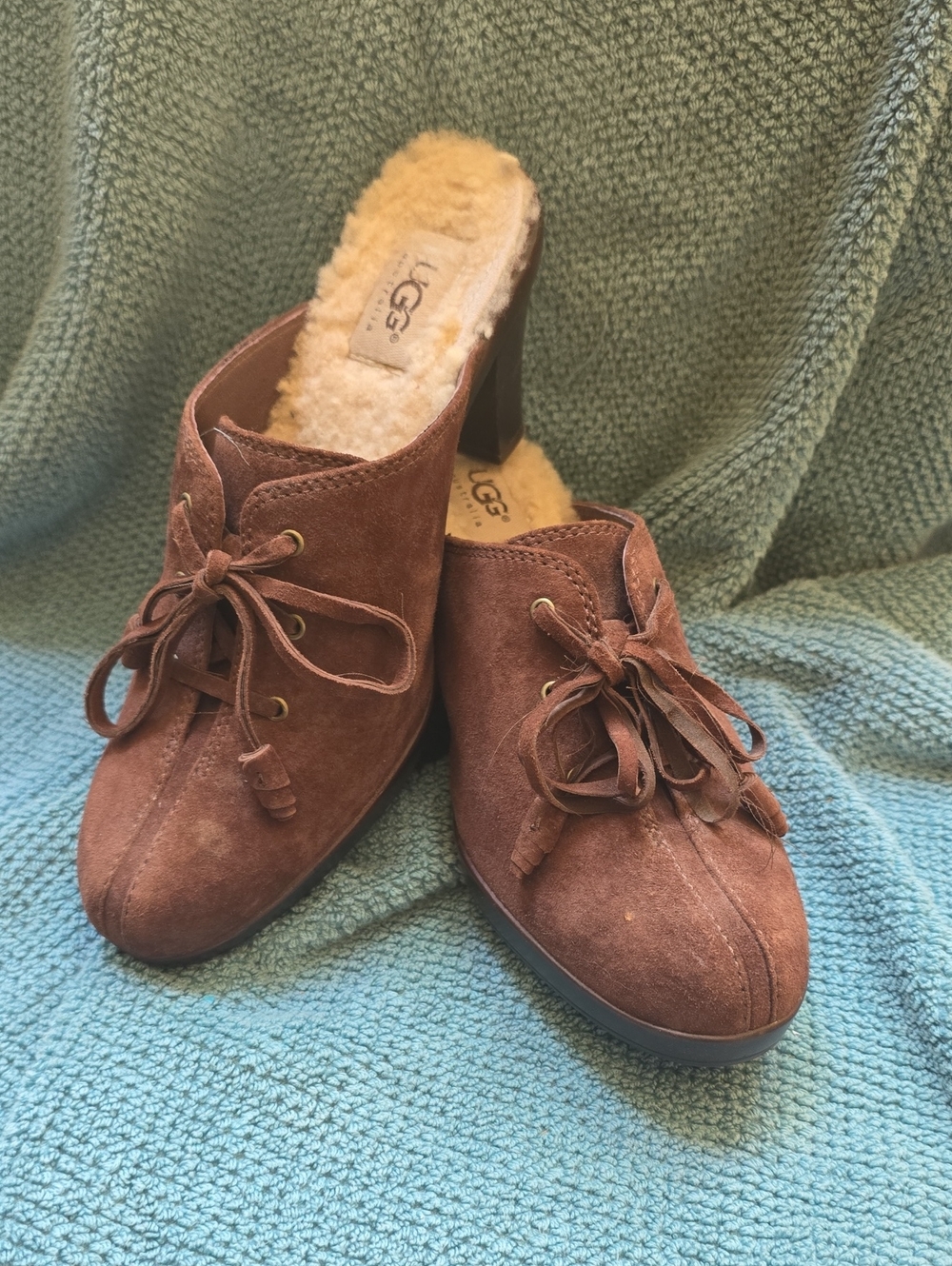 UGG Women's Brown Suede Lace-Up Shearling Mule Heels